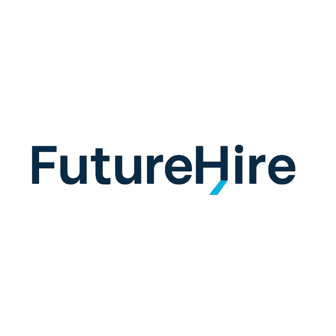 FutureHire logo displaying the brand name in bold, modern sans-serif font with the 'H' in 'Hire' featuring a distinctive blue accent line, representing a professional, technology-driven career service."