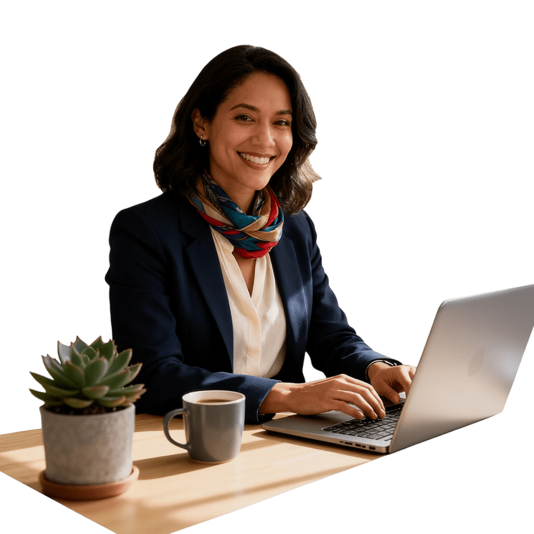 Confident Canadian job seeker working on laptop in a bright modern home office