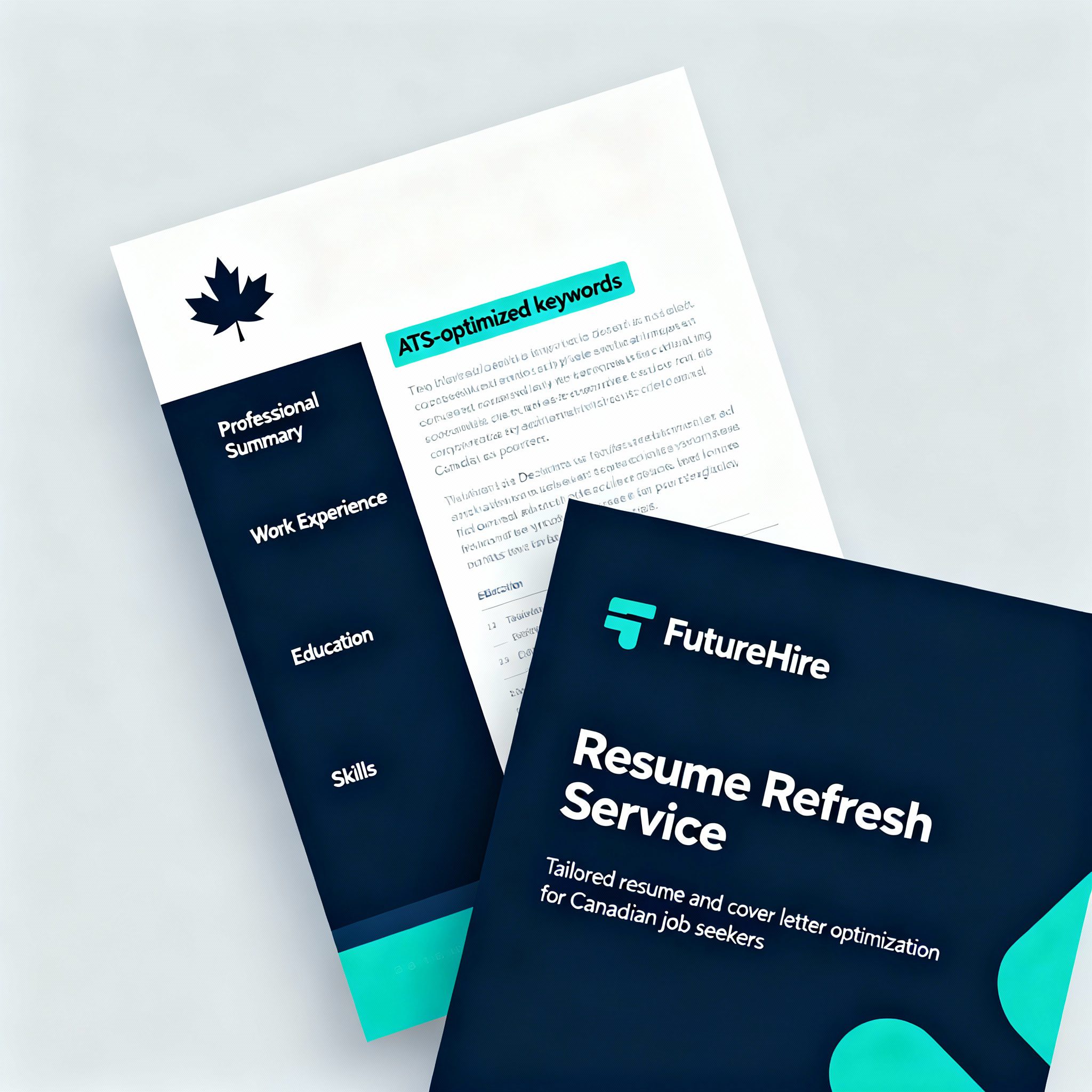 ATS-optimized resume and cover letter illustration with Canadian maple leaf, clean layout in Deep Navy and Teal colors.