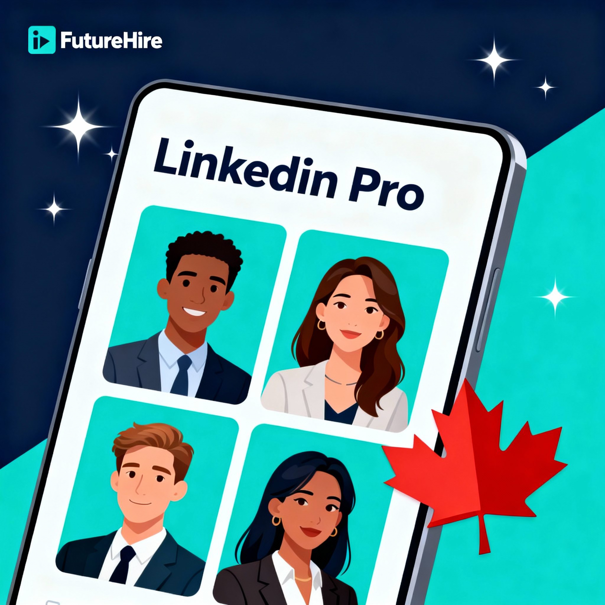 LinkedIn profile page on a digital device with four AI-generated profile photo variations and Canadian maple leaf, in FutureHire brand colors.